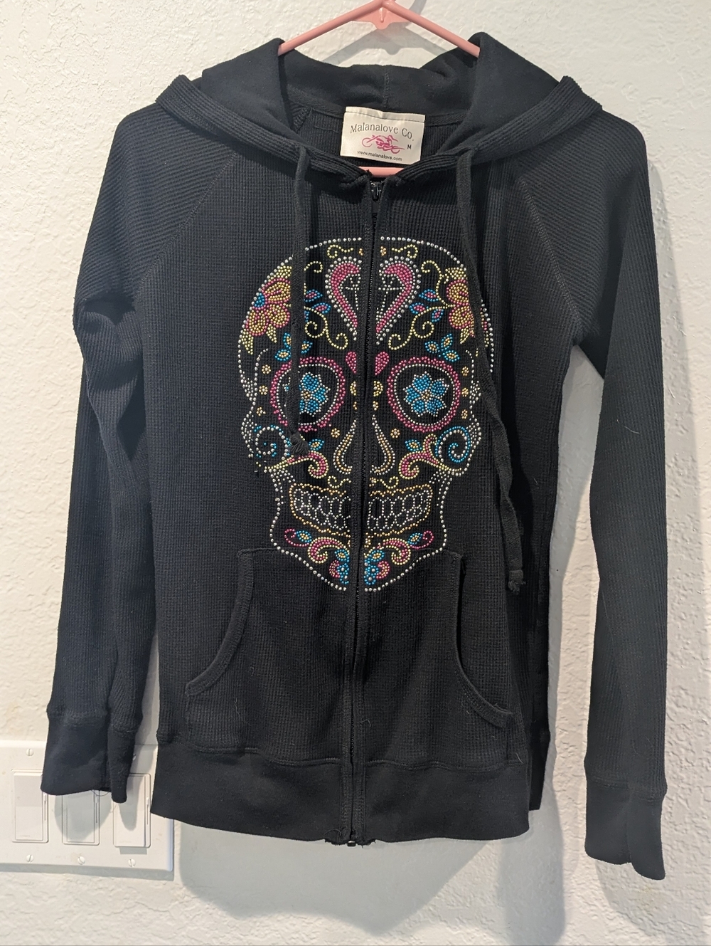 Malanalove Co Black Zip Hoodie with Colorful Rhinestone Sugar Skull